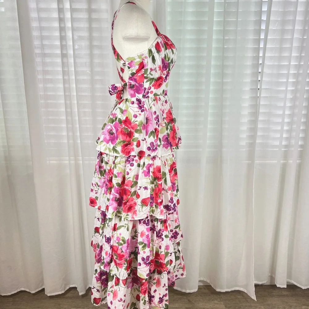 Abercrombie Fitch Floral Tiered Maxi Dress Sz S strawberry Pink Guest Tea Garden